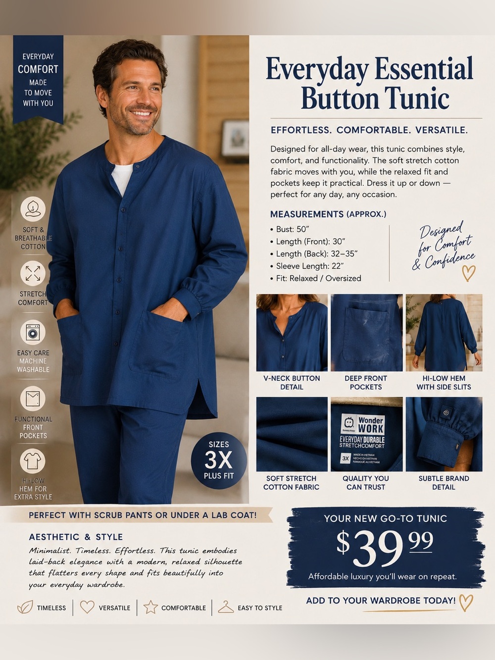 Wonder Works Unisex Dark Blue Collarless Lightweight Scrub Jacket